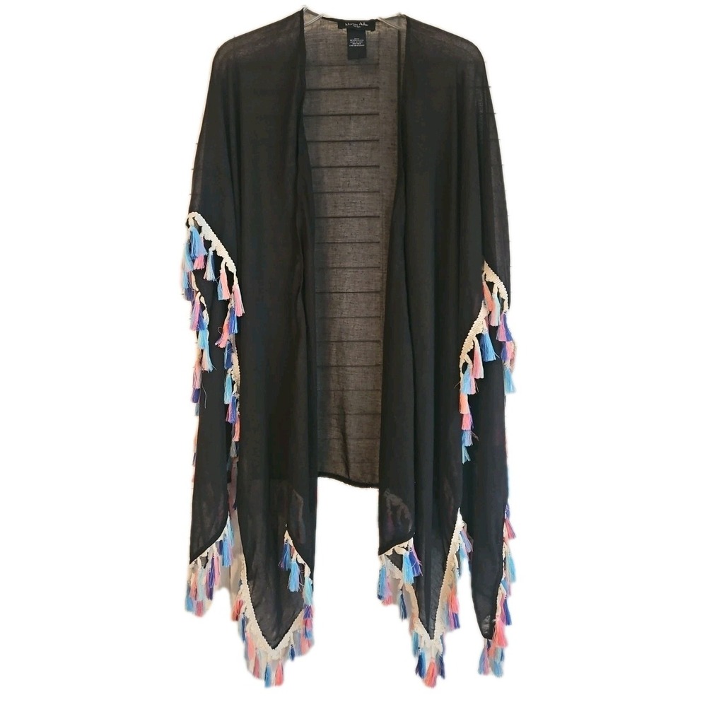 Marcus Adler One Size Sheer Kimono Black w/Tassels 100% Polyester Beach Boho